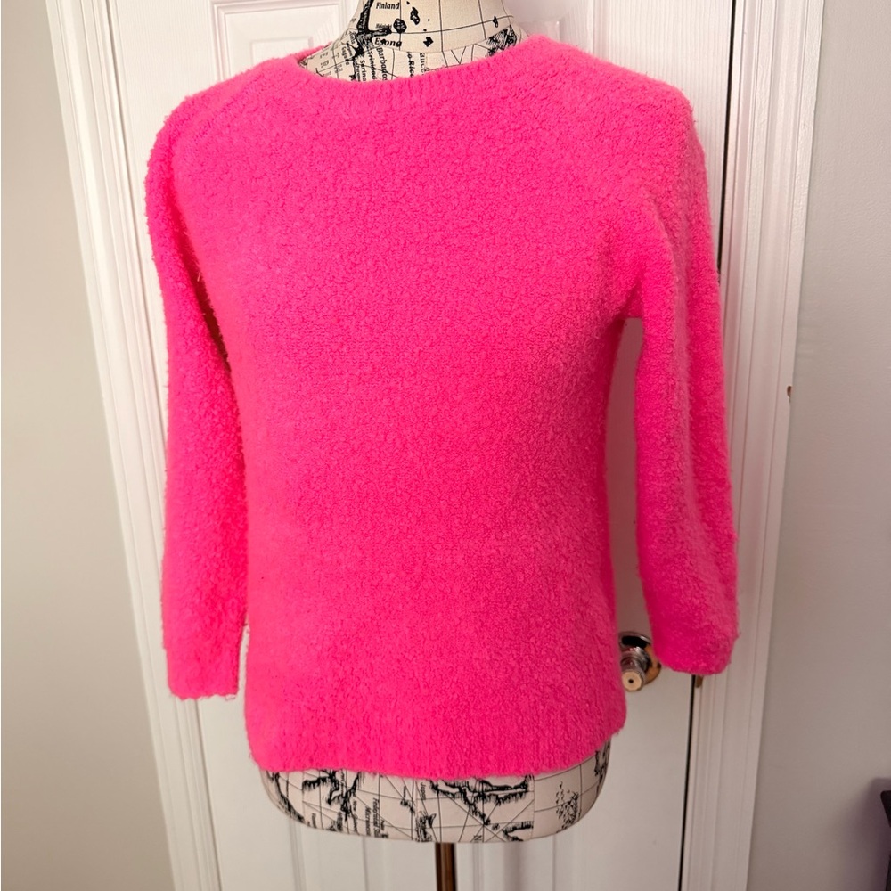 LOFT Fuzzy Texture vibrant pullover Neon Pink preppy Crew Sweater sz S